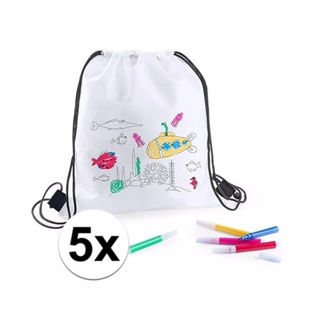 5 white gym bags with markers