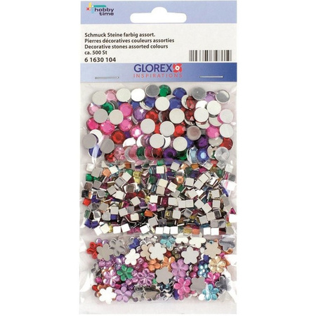 500x Colored rhinestones round, square and flower