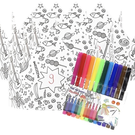 5x Craft paper crowns to color incl. markers