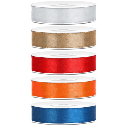 5x rolls satin ribbon - silver-gold-red-orange-blue 1,2 cm x 25 meters