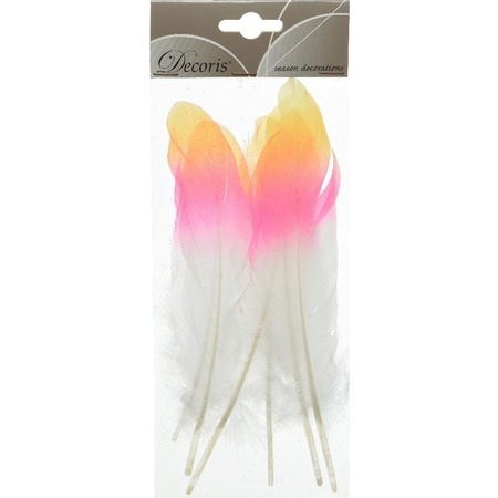 6x Yellow/pink/white feathers 18 cm decorations