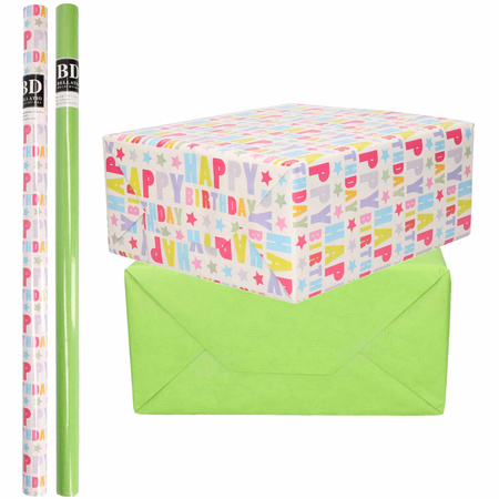 6x Rolls kraft wrapping paper happy birthday pack - green print 200 x 70 cm