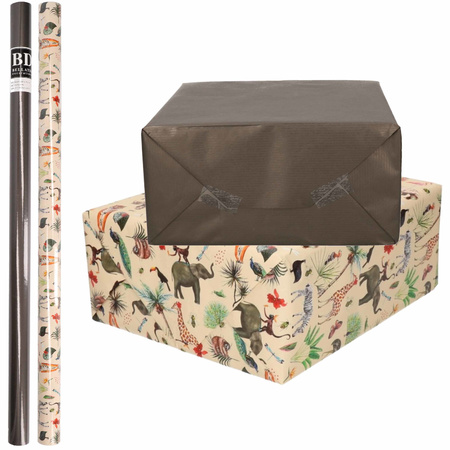 6x Rolls kraft wrapping paper jungle/wilderness pack - black/animal design 200 x 70 cm