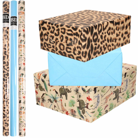 6x Rolls kraft wrapping paper jungle/panther pack - blue/animal/leopard design 200 x 70 cm