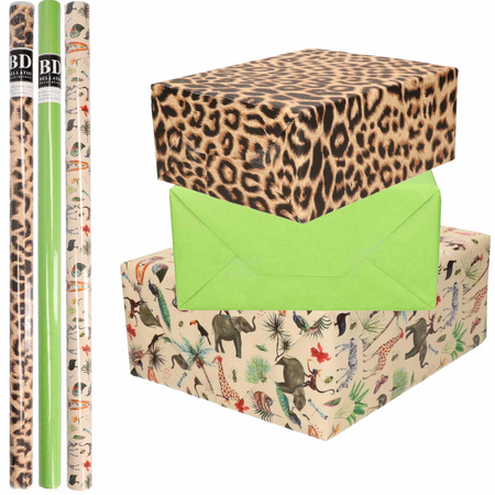 6x Rollen kraft inpakpapier jungle/panter pakket - dieren/luipaard/groen 200 x 70 cm