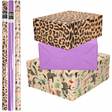 6x Rolls kraft wrapping paper jungle/panther pack - purple/animal/leopard design 200 x 70 cm