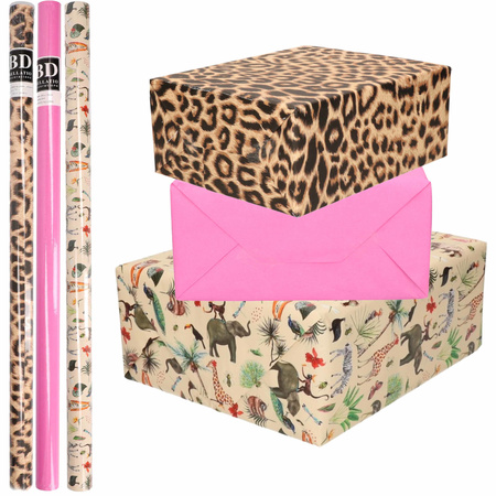 6x Rolls kraft wrapping paper jungle/panther pack - pink/animal/leopard design 200 x 70 cm