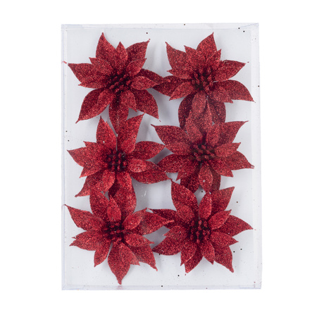 6x decoration flowers red glitter 8 cm