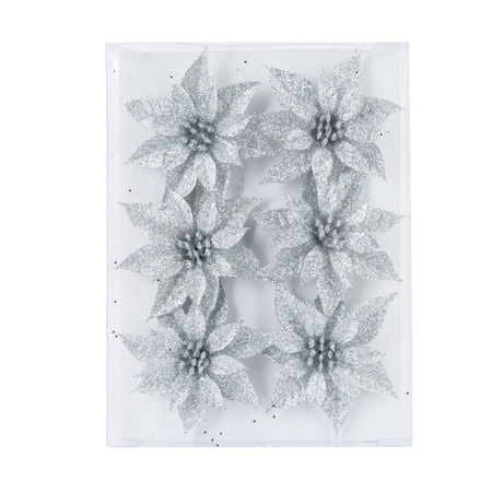 6x stuks decoratie bloemen rozen zilver glitter op ijzerdraad 8 cm