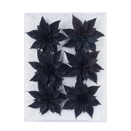 6x decoration flowers black glitter 8 cm