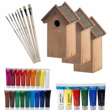 6x Wooden birdhouses 22 cm with paint and brushes