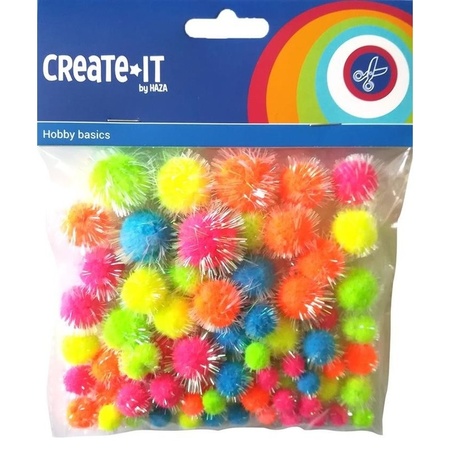 75x Craft pompoms neon colored with glitter
