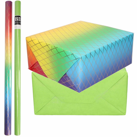 8x Rolls kraft wrapping paper rainbow pack - green 200 x 70 cm