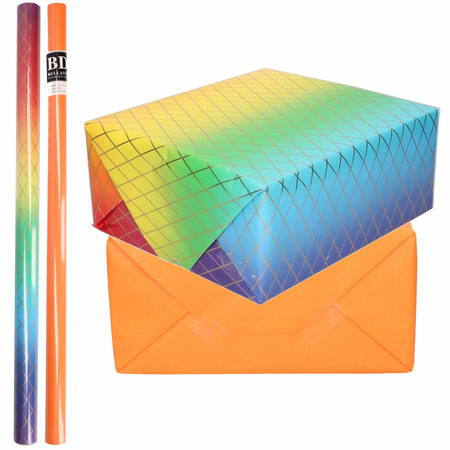 8x Rollen kraft inpakpapier regenboog pakket - oranje 200 x 70 cm