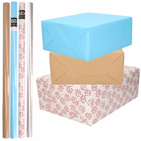 8x Rolls transparant foil/wrapping paper pack brown/blue/white with hearts 200 x 70 cm