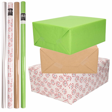 8x Rolls transparant foil/wrapping paper pack brown/green/white with hearts 200 x 70 cm