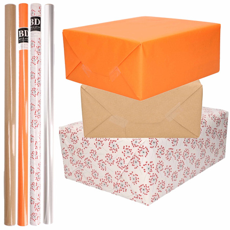 8x Rolls transparant foil/wrapping paper pack brown/orange/white with hearts 200 x 70 cm