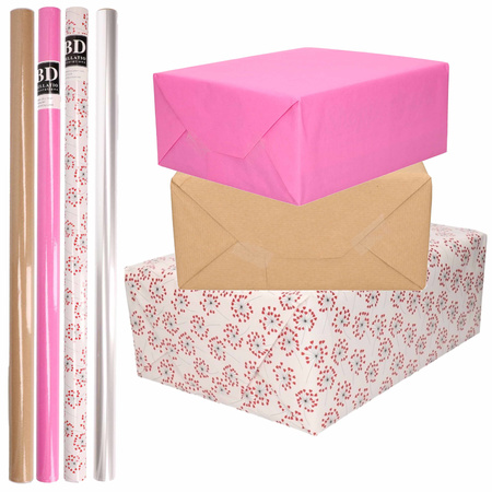 8x Rolls transparant foil/wrapping paper pack brown/pink/white with hearts 200 x 70 cm