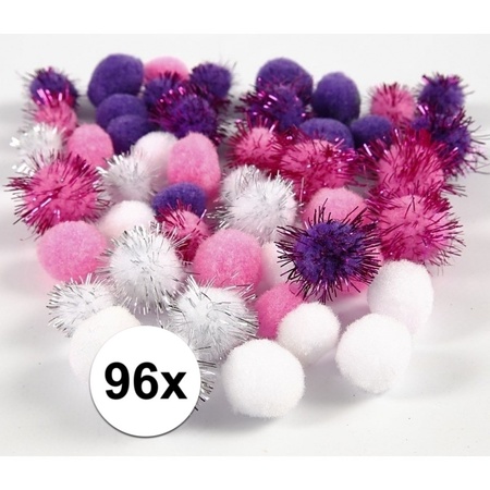 96x craft pompoms 15-20  mm white/ purple