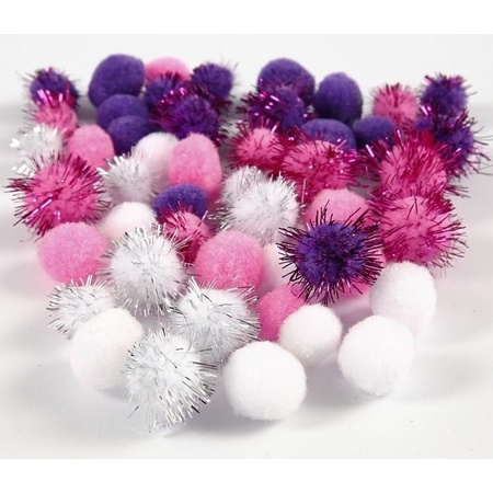Wit/paarse decoratieve pompons 15-20 mm