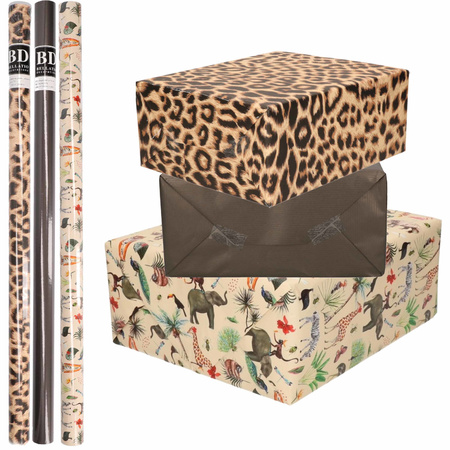 9x Rolls kraft wrapping paper jungle/panther pack - black/animal/leopard design 200 x 70 cm