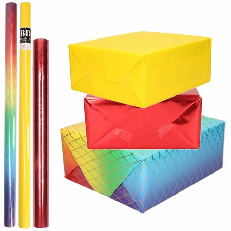 9x Rollen kraft inpakpapier regenboog pakket - regenboog/metallic rood/geel 200 x 70/50 cm