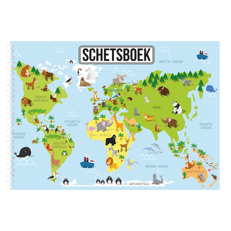 Schetsboek dieren wereldkaart A4 50 paginas met 50 viltstiften