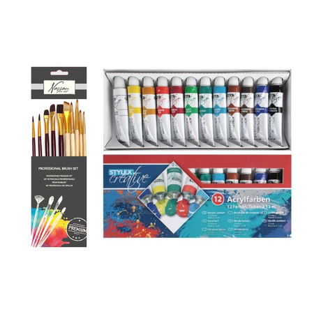 Acrylic paint set 12 colours of 12 ml - and 10x painting brushes