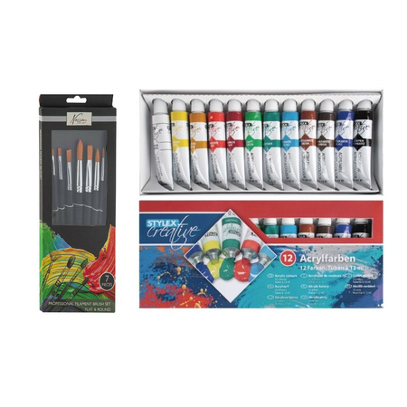 Acrylverf schilderset - 12x gekleurde tubes van 12 ml - met 7x schilderpenselen - kids/adults