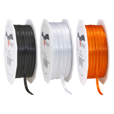 Gift deco ribbons set 3x rolls - black/orange/white - 3 mm x 50 meters - hobby/decoration/presents