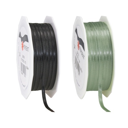 Gift deco ribbons set 2x rolls - black/lightgreen - 3 mm x 50 meters - hobby/decoration/presents