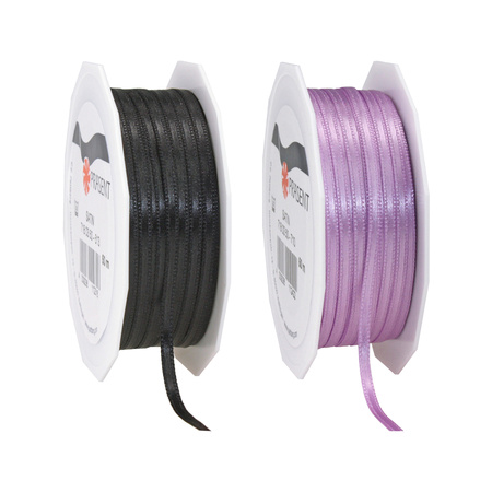 Gift deco ribbons set 2x rolls - black/lilac purple - 3 mm x 50 meters - hobby/decoration/presents