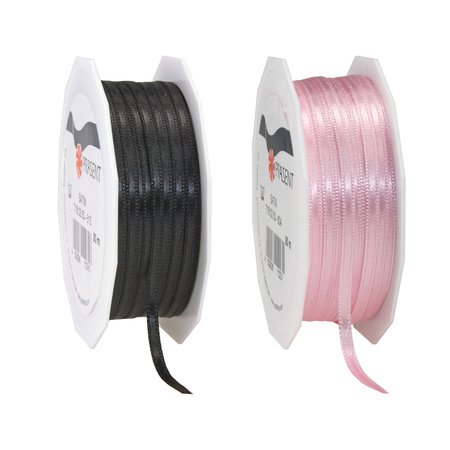 Gift deco ribbons set 2x rolls - black/pink - 3 mm x 50 meters - hobby/decoration/presents