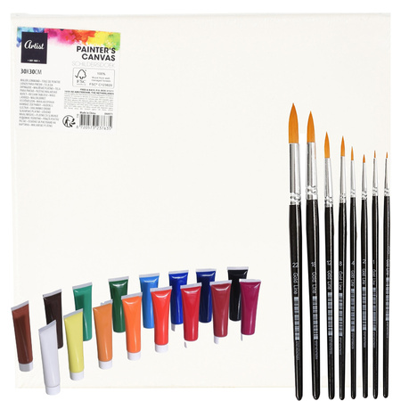 Hobby painting set acrylic paint and 8x brushes with 2x canvas 30 x 30 cm