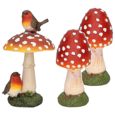 Decoratie paddenstoelen setje met 2x gewone paddenstoel en 1x met vogeltjes