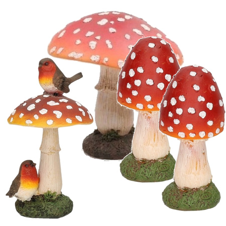 Decoratie paddenstoelen setje met 3x gewone paddenstoel en 1x met vogeltjes