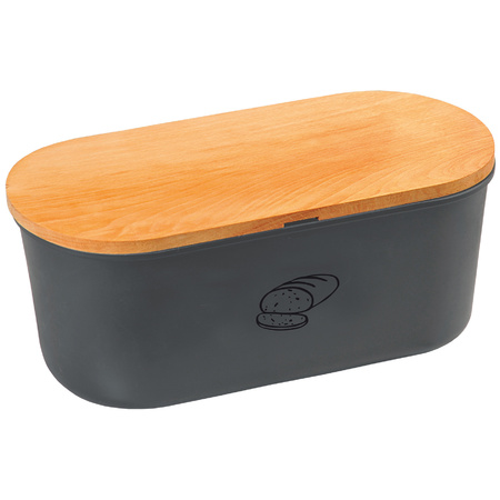 Grey bread bin with wooden cutting board lid 18 x 34 x 14 cm