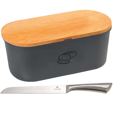 Grey bread bin with cutting board lid and a Ss bread knife 18 x 34 x 14 cm