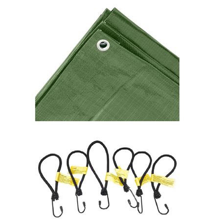 Green tarps 4 x 5 meters with 24x elastic hook cords