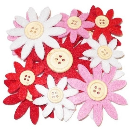 Hobby vilt 12 rood/wit/roze vilten bloemen met knoop 3,5-7 c