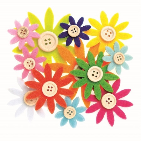 Hobby felts 12x colored felt flowers with button 3,5 - 7 cm 
