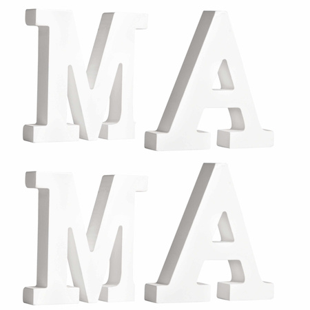 Houten deco hobby letters - 4x losse witte letters om het woord MAMA te maken