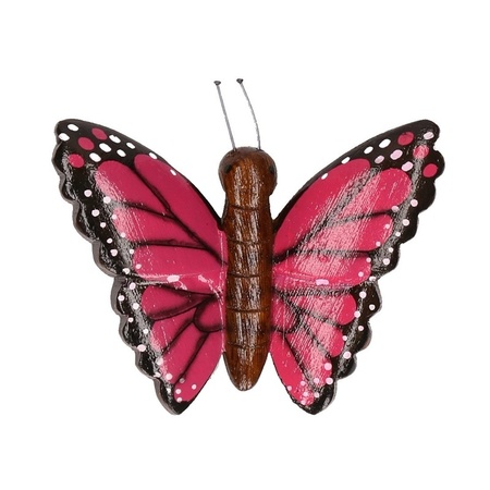 2x magneet hout paarse en roze vlinder