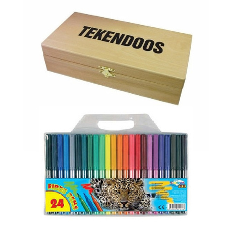 Wooden drawing box 27 x 15 cm including 24 colored felt tip pens