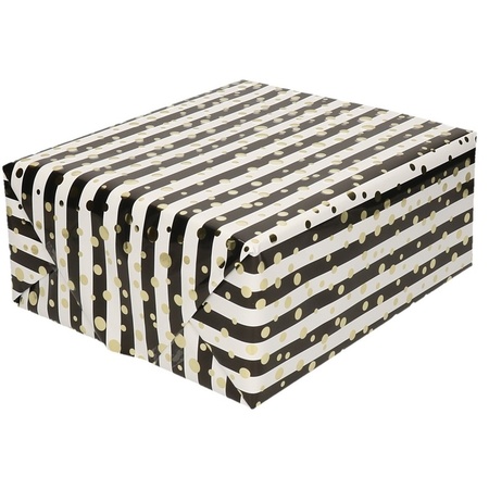 Gemetaliseerd inpakpapier/cadeaupapier wit/ zwarte streepjes en gouden ballen 150 x 70 cm