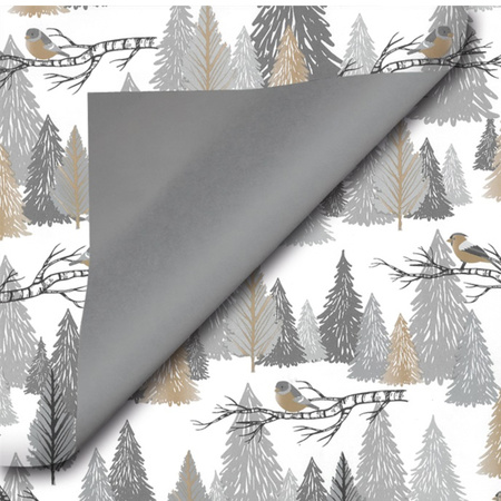 Kerst inpakpapier/cadeaupapier - zilver/goud - bomen/vogels - 250 x 70 cm