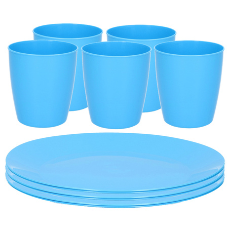 Plastic breakfast/dinner 6x plates dia 26 cm and 5x cups 300 ml set blue