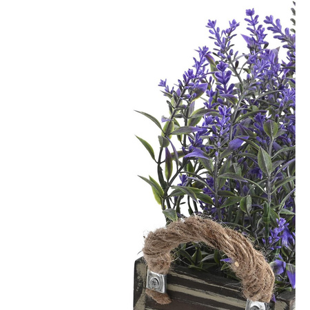 Lavender flowers artificial plant in old wooden pot - dark purple flowers - 30 x 12 x 21 cm