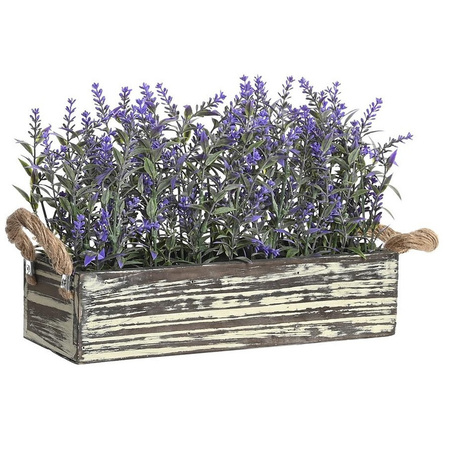 Lavender flowers artificial plant in old wooden pot - dark purple flowers - 30 x 12 x 21 cm