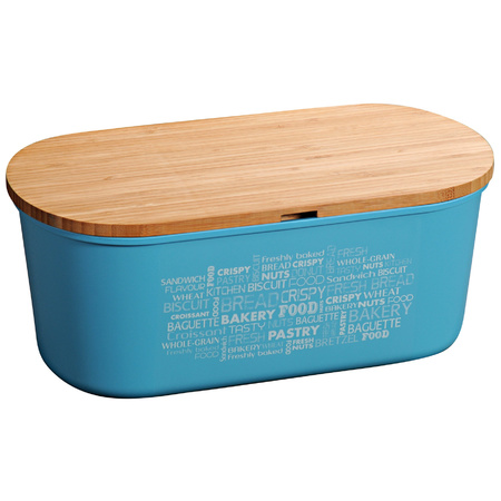 Light blue bread bin with cutting board lid and a black/silver bread knife 18 x 34 x 14 cm